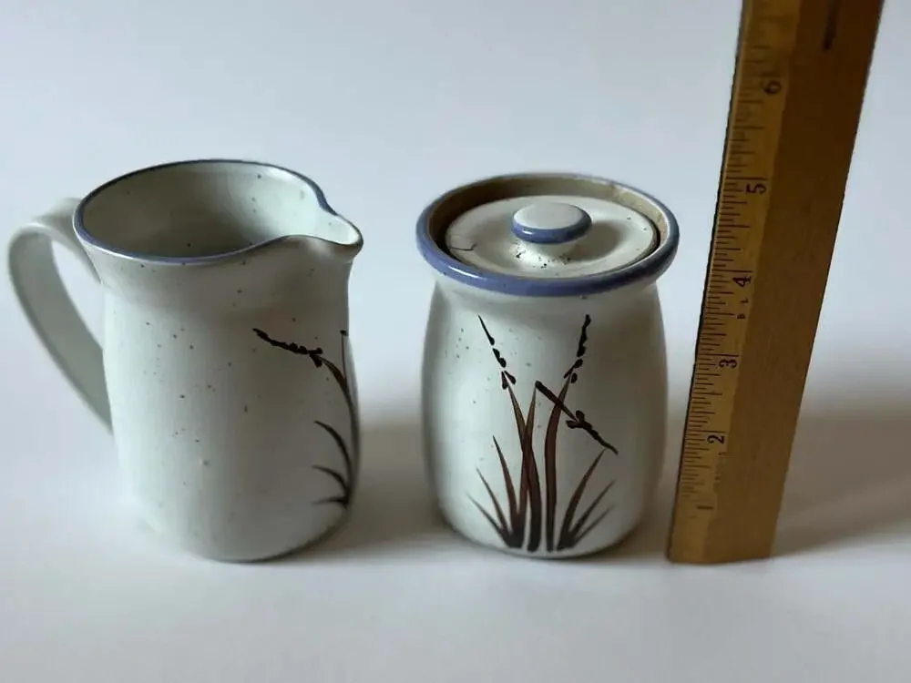 Handmade Studio Pottery Creamer and Sugar Bowl Set with Bamboo Motif